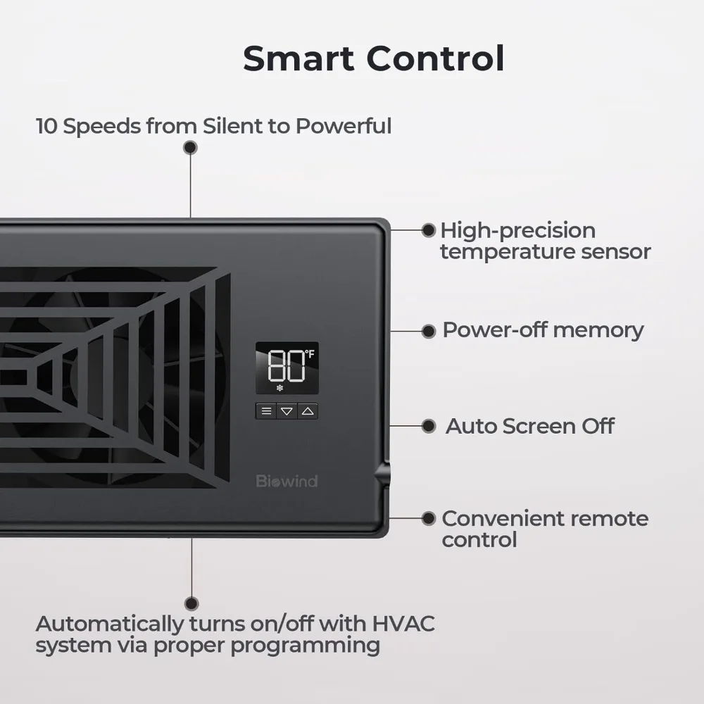 Ventola booster con registro silenzioso, ventola di ventilazione CA con riscaldamento intelligente a 10 velocità con telecomando e controllo del termostato - Nero