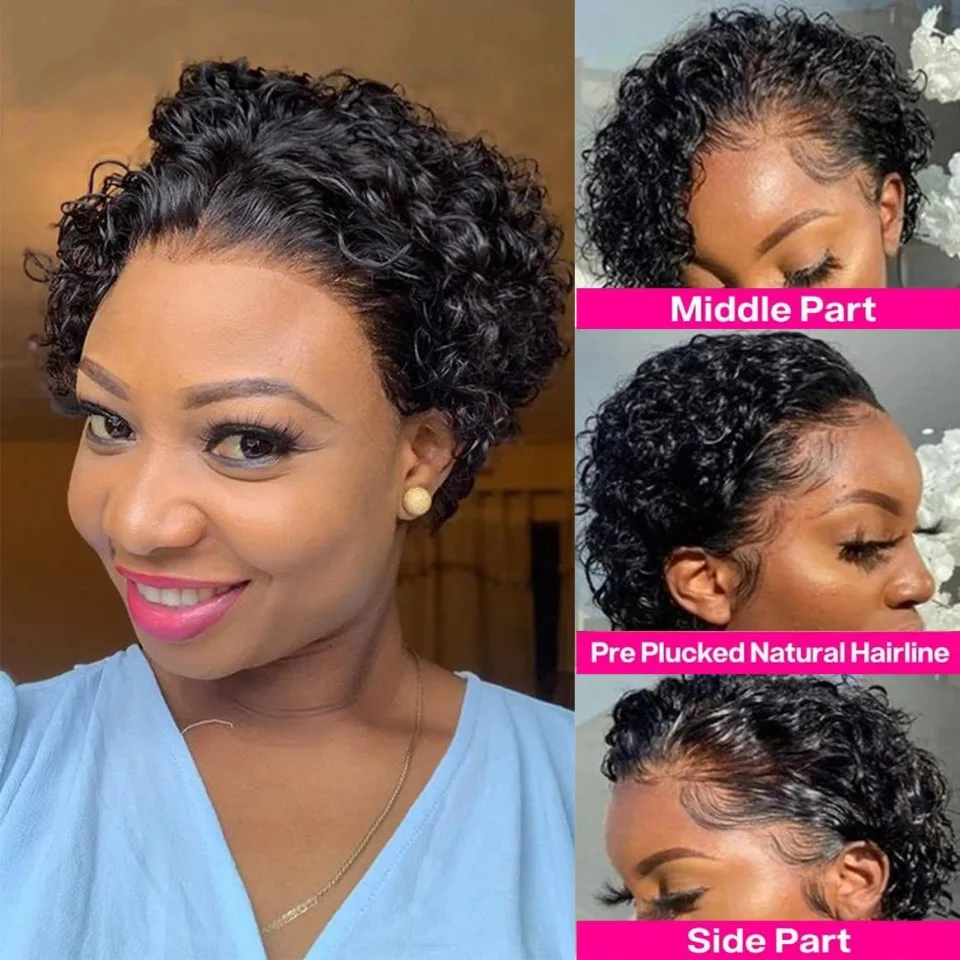 Curly Pixie Cut Wig 13x1 Lace Front Wigs 6 Inch  Natural Short Bob Pixie Cut Curly Human Hair Wig  For Black Women 150% Density