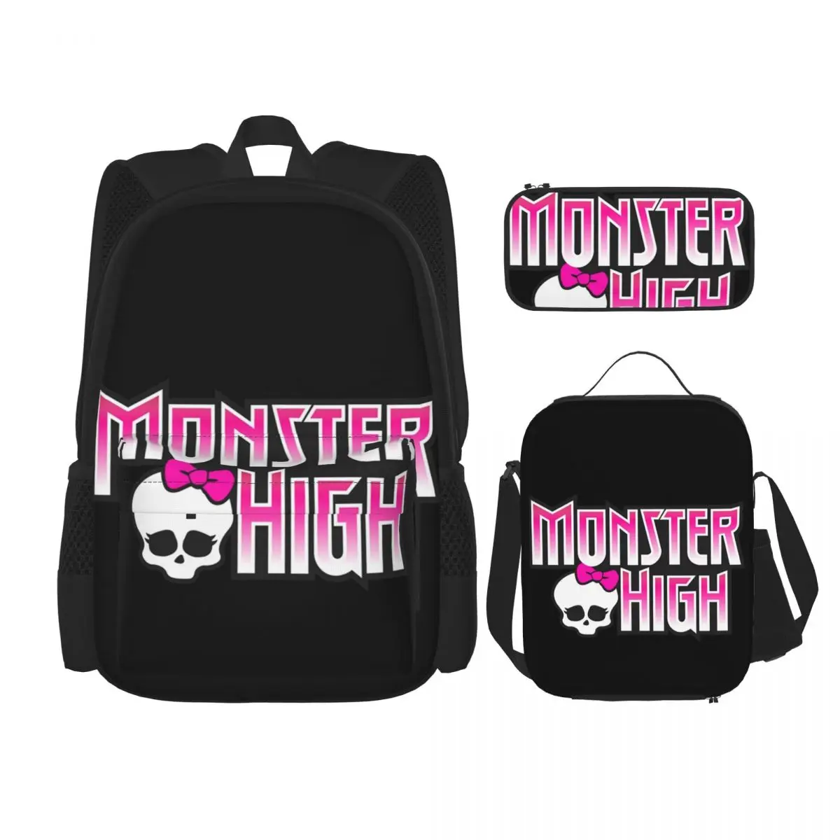 

Monster High Doll Pretty Pink Pattern Backpacks Bookbag Children School Bags Kids Rucksack Lunch Bag Pen Bag Three-Piece Set