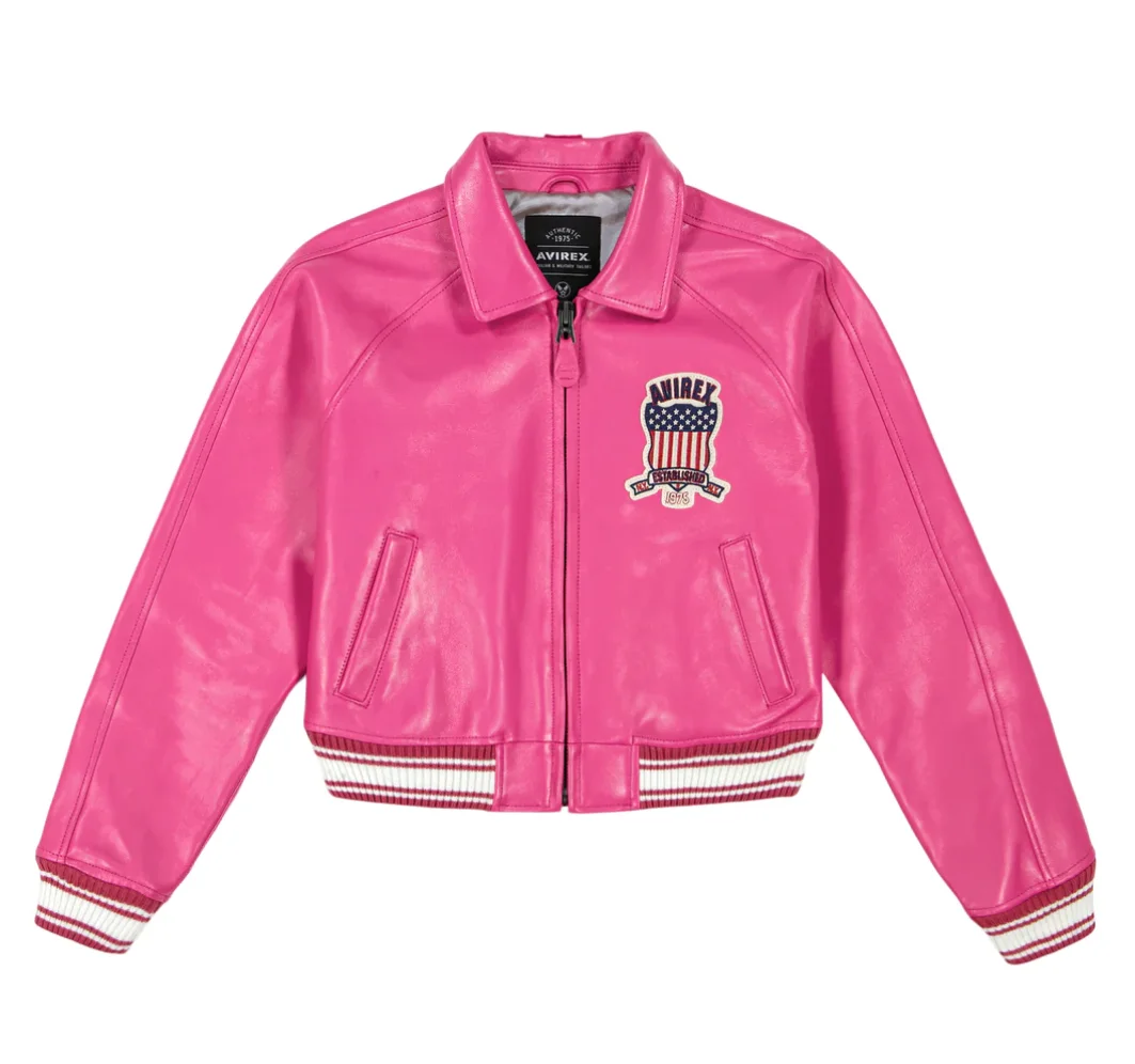 Avirex-Chaqueta clásica de piel de oveja antigua europea para mujer, abrigo de cuero rosa, Chaqueta de traje de vuelo de bombardero, tops de