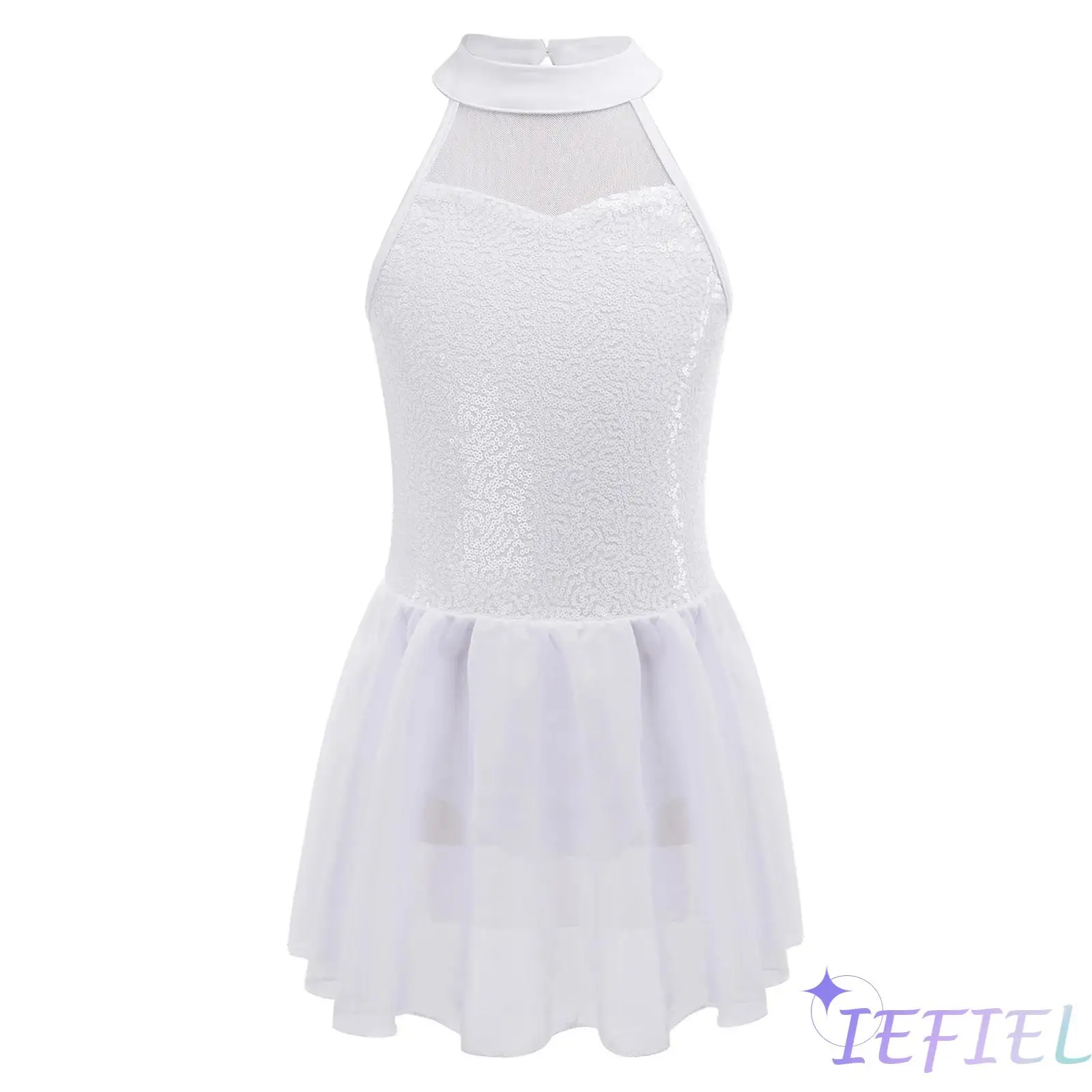 

Kids Girl Ballet Dance Dress Shiny Sequin Front Keyhole Back Halter Sleeveless Mesh Patchwork Chiffon Dress with Built-in Briefs