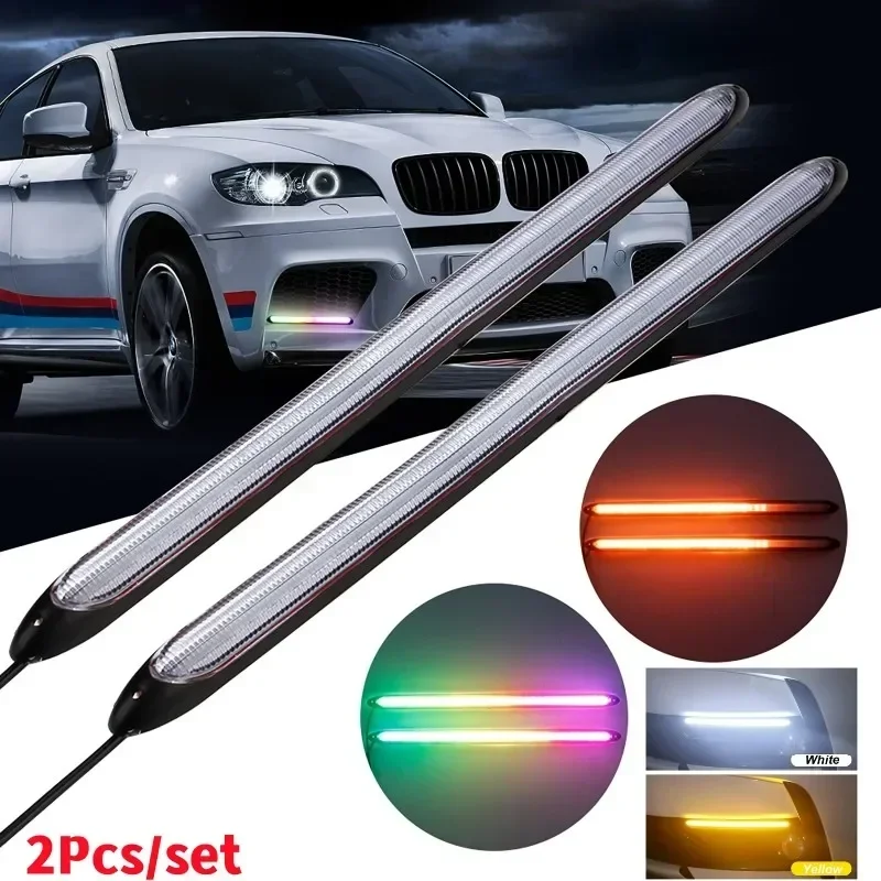 Car LED Daytime Running Lights Waterproof Sequential Flow Turn Signal DRL Light Car Headlight(White/Amber/RGB Light)