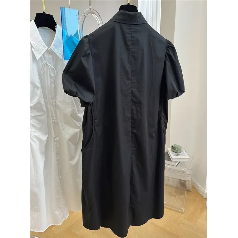 女性 2026 夏シャツドレスファッションルーズカジュアルバブルスリーブ白ダークブルー半袖スカートドレス女性