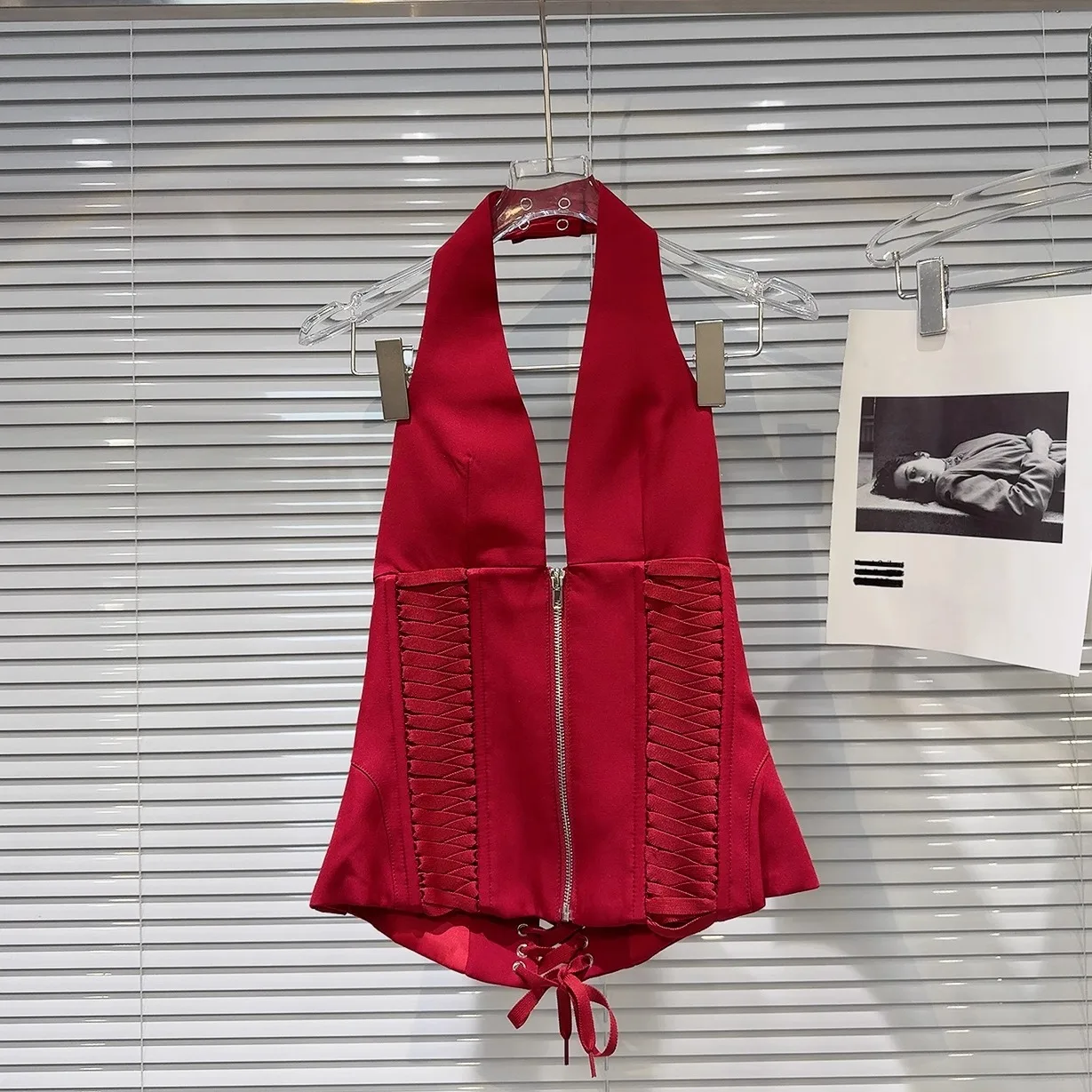 

Trendy 2025 Autumn New Sle Zipper Dstring Strap Fibone Waist Cinch Bal Hanging Ne Vest Personalized Spicy Girl