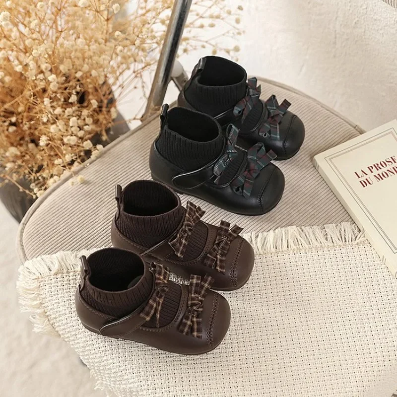 Autumn Winter New Kids Short Boots Girls Fashion Casual Socks Boots Princess Children's Trend Leather Shoes Black Versatile21-30