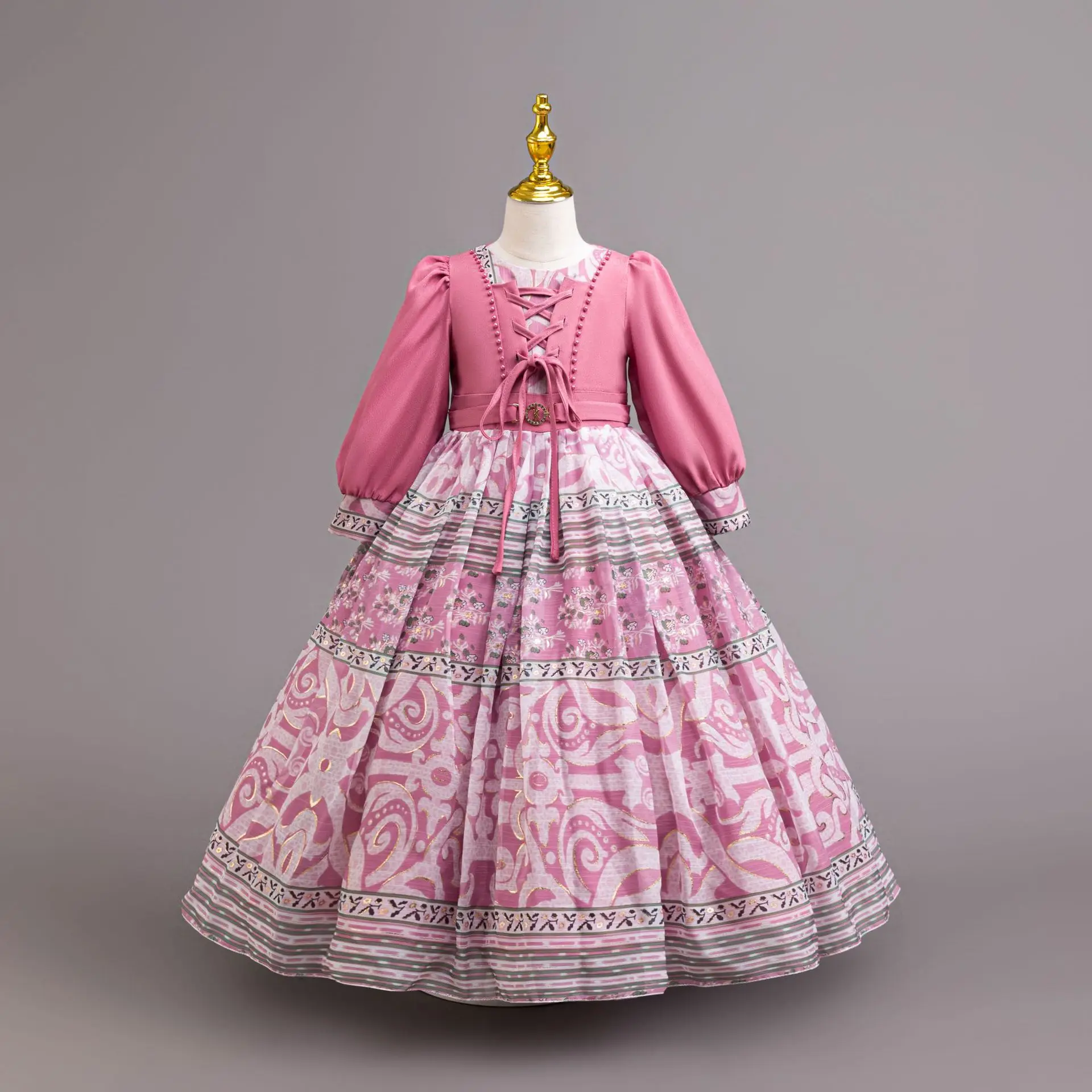 

Retro Print Formal Occasion Dresses Elegant Long-sleeved formal banquet attire Evening Party Holiday Prom Dress carnival Girl's