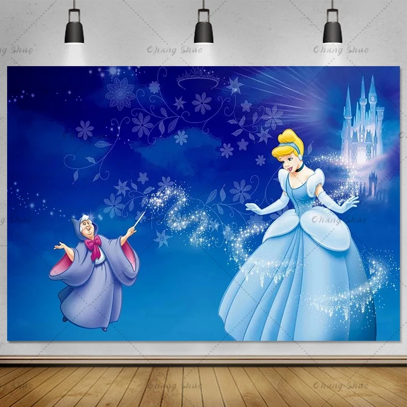 Disney Blue Dress Blonde Princess Backdrop Girls Birthday Party Decor Photo Background Cinderella Banner Baby Shower Photocall