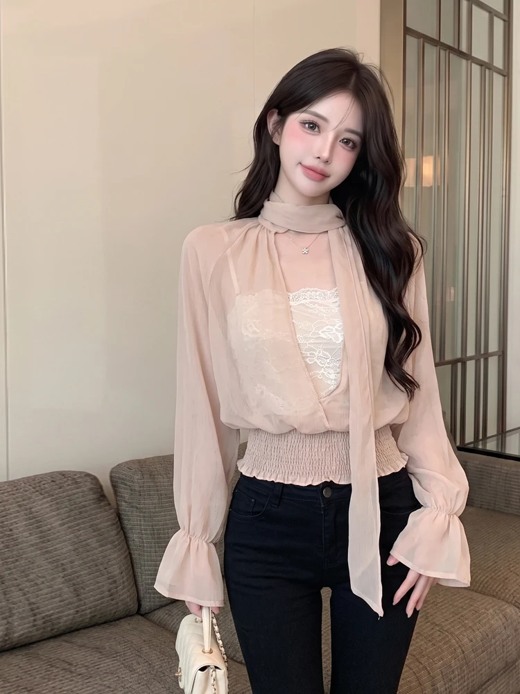 Laid-back Style Fake Two-Piece Sash Pleated Waist Cinching Micro-Transparent Chiffon Top Gentle Slimming Versatile Unique Top