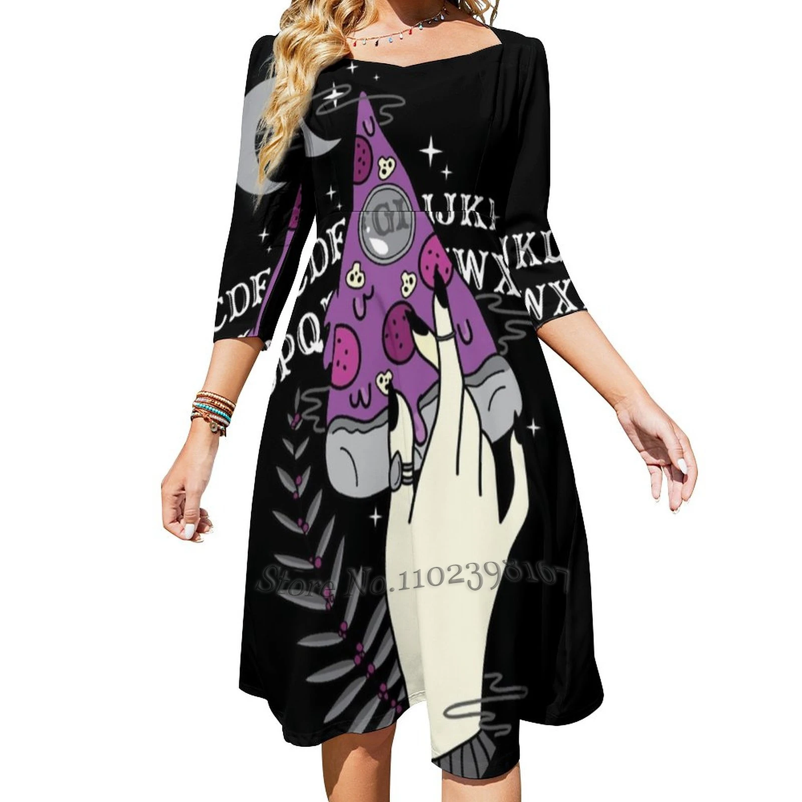 Ouija Pizza Black Sweet Dress Women Korean Kawaii Square Collar Dress Ouija Pizza Planchet Planchette Black Purple Moon