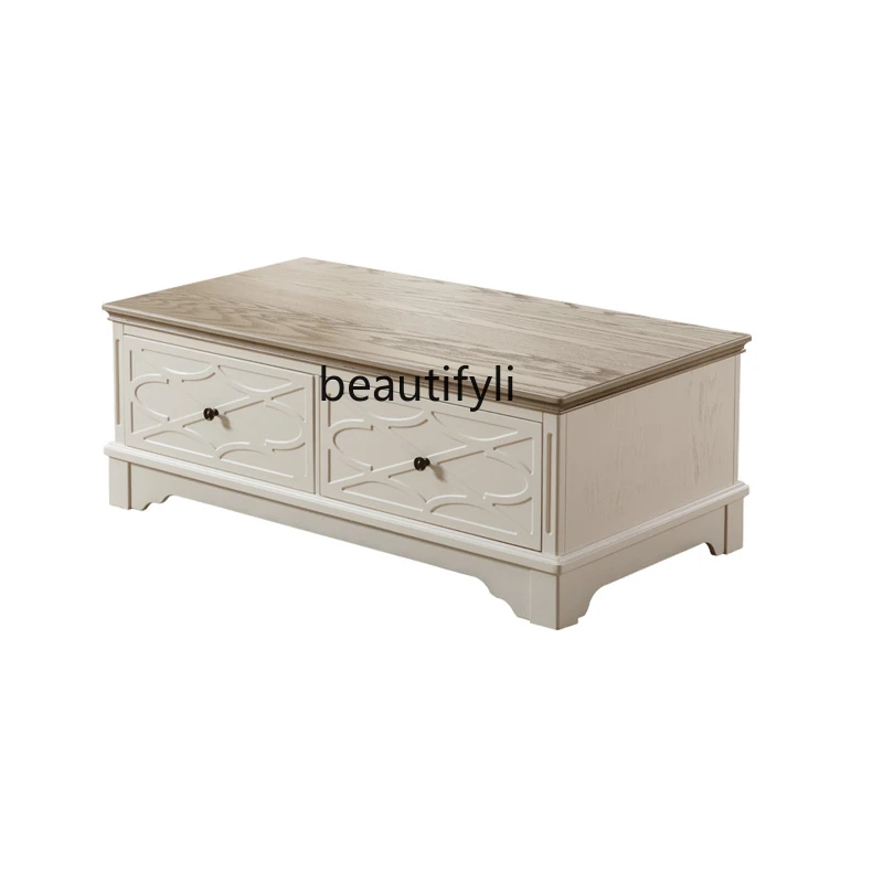 

American-Style Wood Carving Coffee Table TV Cabinet Combination Cream Color Small Apartment Mediterranean