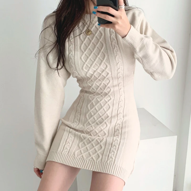 

New Korean Autumn Winter Women Sweater Dresses O-neck Diamond-patterned Backless Slimming Body-hugging Knitted Dress for Women