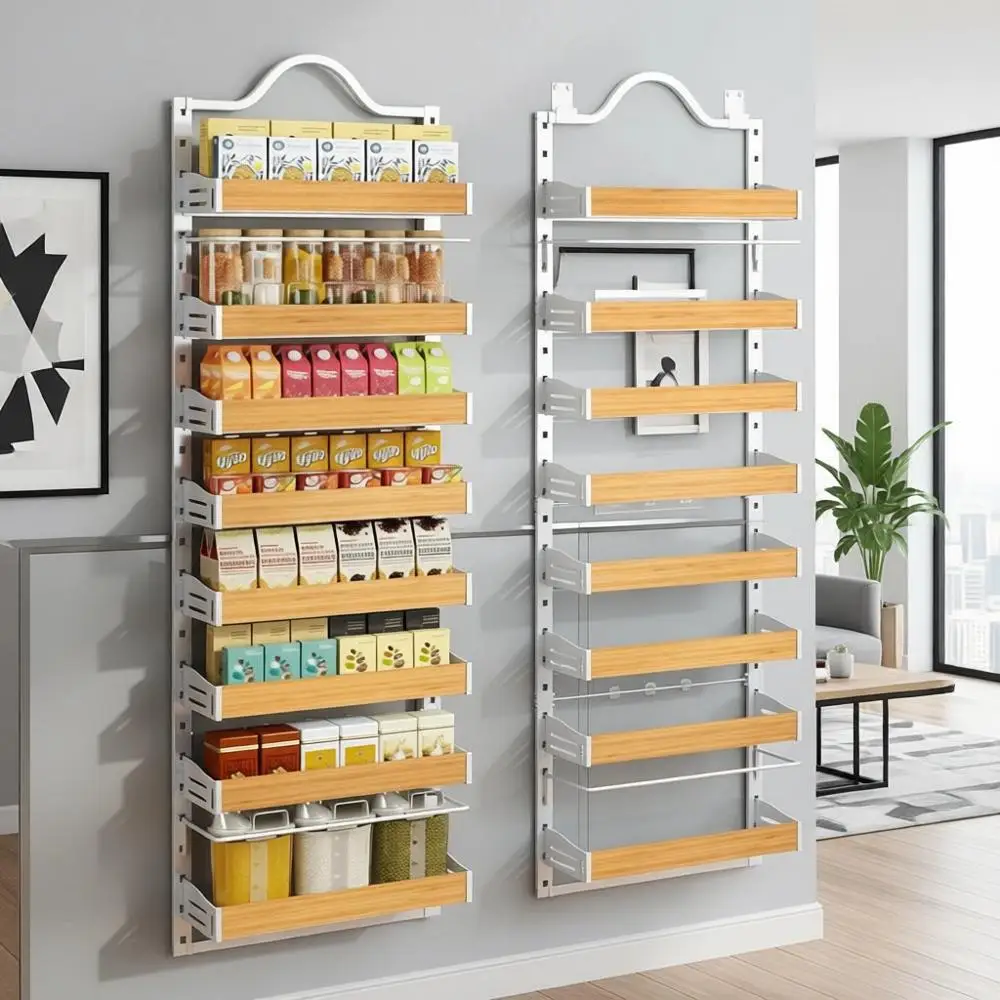 

8-ярусная настенная полка для специй и органайзер для дверей с деревянными регулируемыми корзинами, универсальное решение для хранения в кладовой, белый цвет