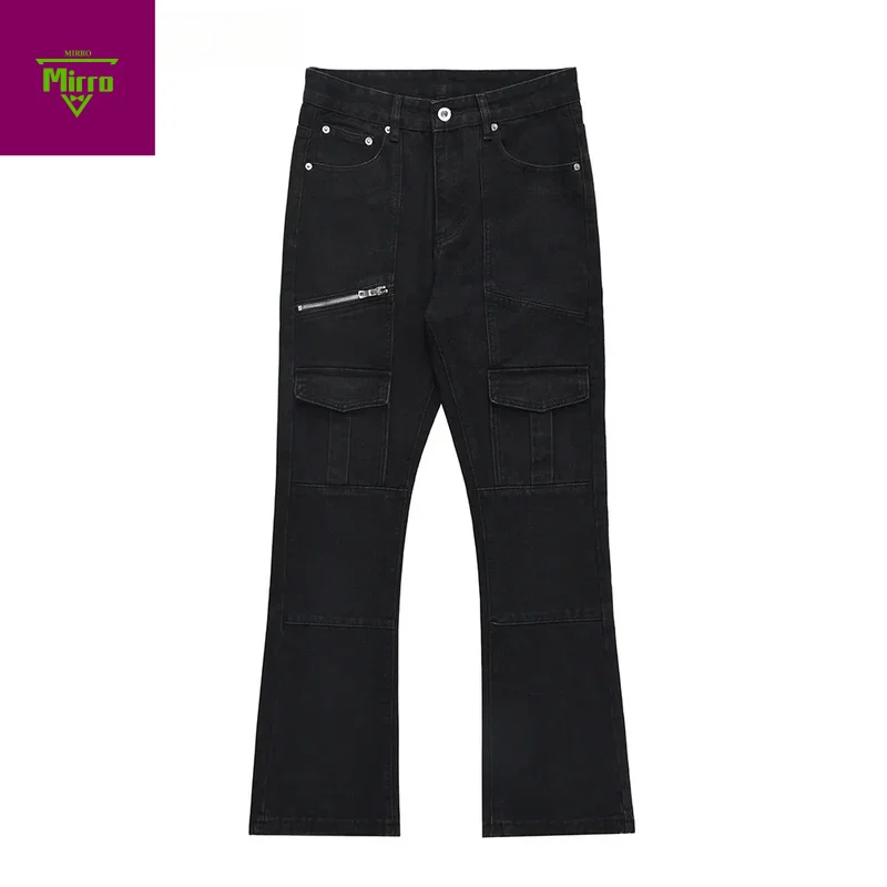 

【Mirrordust】Multi-Pocket Flared cargo Pants Mens High Street Washed Black Casual Straight-leg Pants Men Jeans