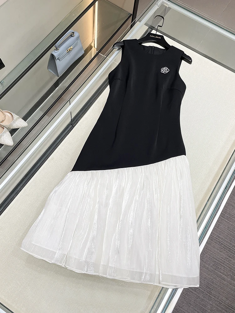 

High-End Spring Women's Clothing South Oil Sleeveless Vest Dress Textured Pleated High Waist A-Line Long Skirt