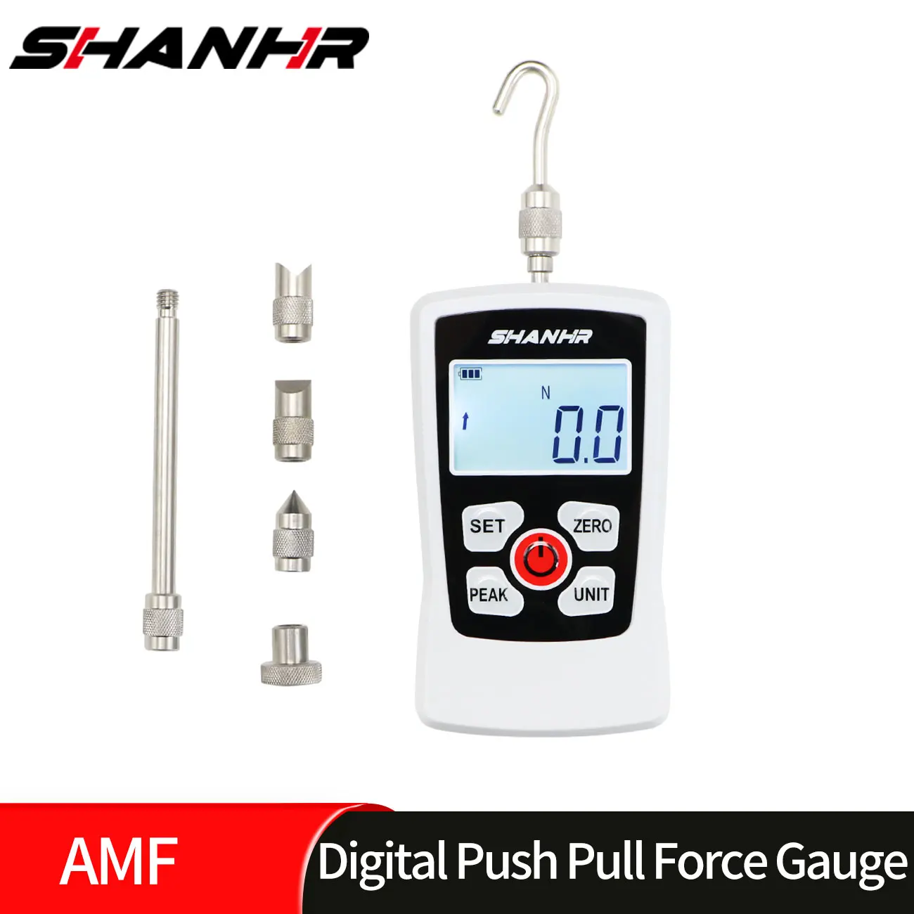 High Precision SHANHR Handheld Push Pull Force Meter Backlit LCD Dynamometer 6 Fixture Heads Storage Case Auto Power Off