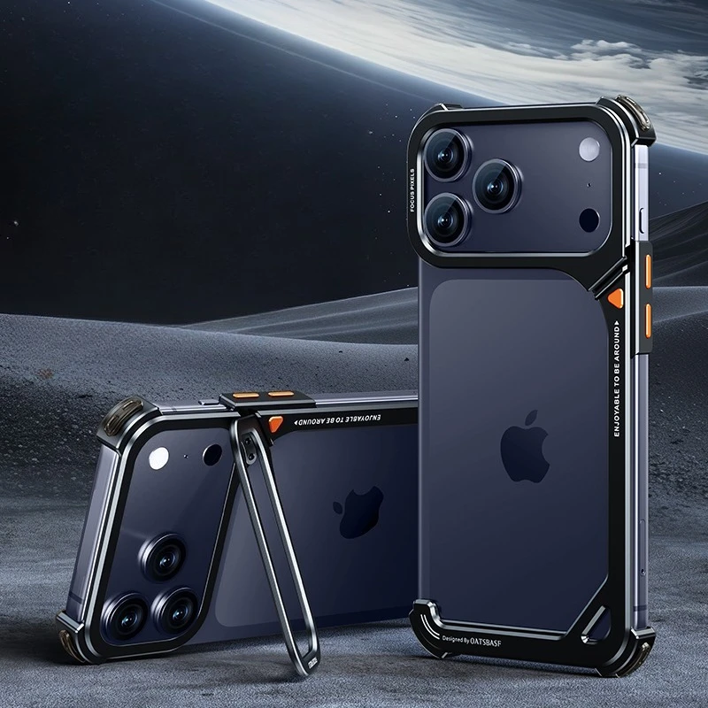 Oatsbasf 9-förmige rahmenlose Metall-Handyhülle für iPhone 17 Pro Max/Pro/Air mit Ständer, MagSafe, minimalistischer Stoßfänger, stoßfeste Abdeckung – Detail 4