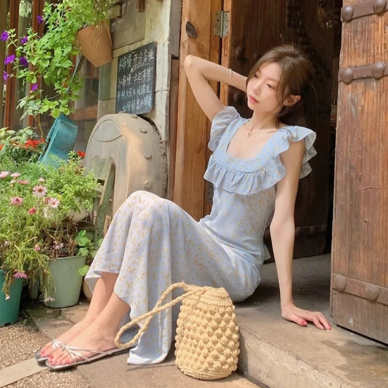 Vestido francés de alta calidad con borde con volantes y flores para mujer, falda larga ajustada con tirantes y cuello cuadrado, Vintage Y2k, verano 2025, 2023