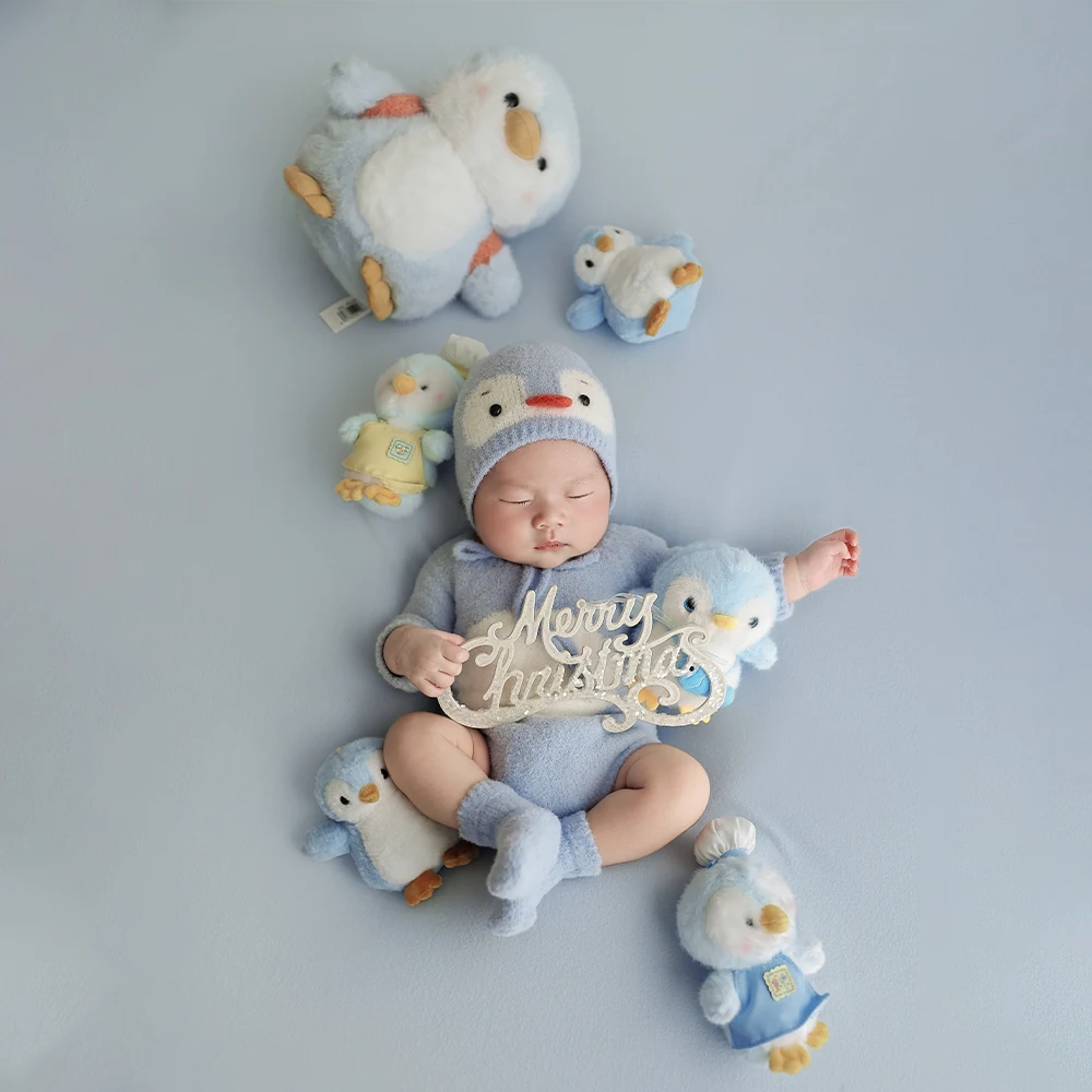 Blue Winter Xmas Newborn Photography Props Baby Penguin Costume Set Plush Penguin Dolls Christmas Accessories for Studio Photo