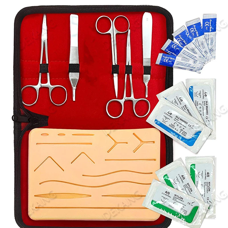 17 Pieces Of Dissection Tools: Suturing Silicone Thread Scissors Forceps Knife Handle Hemostatic Forceps