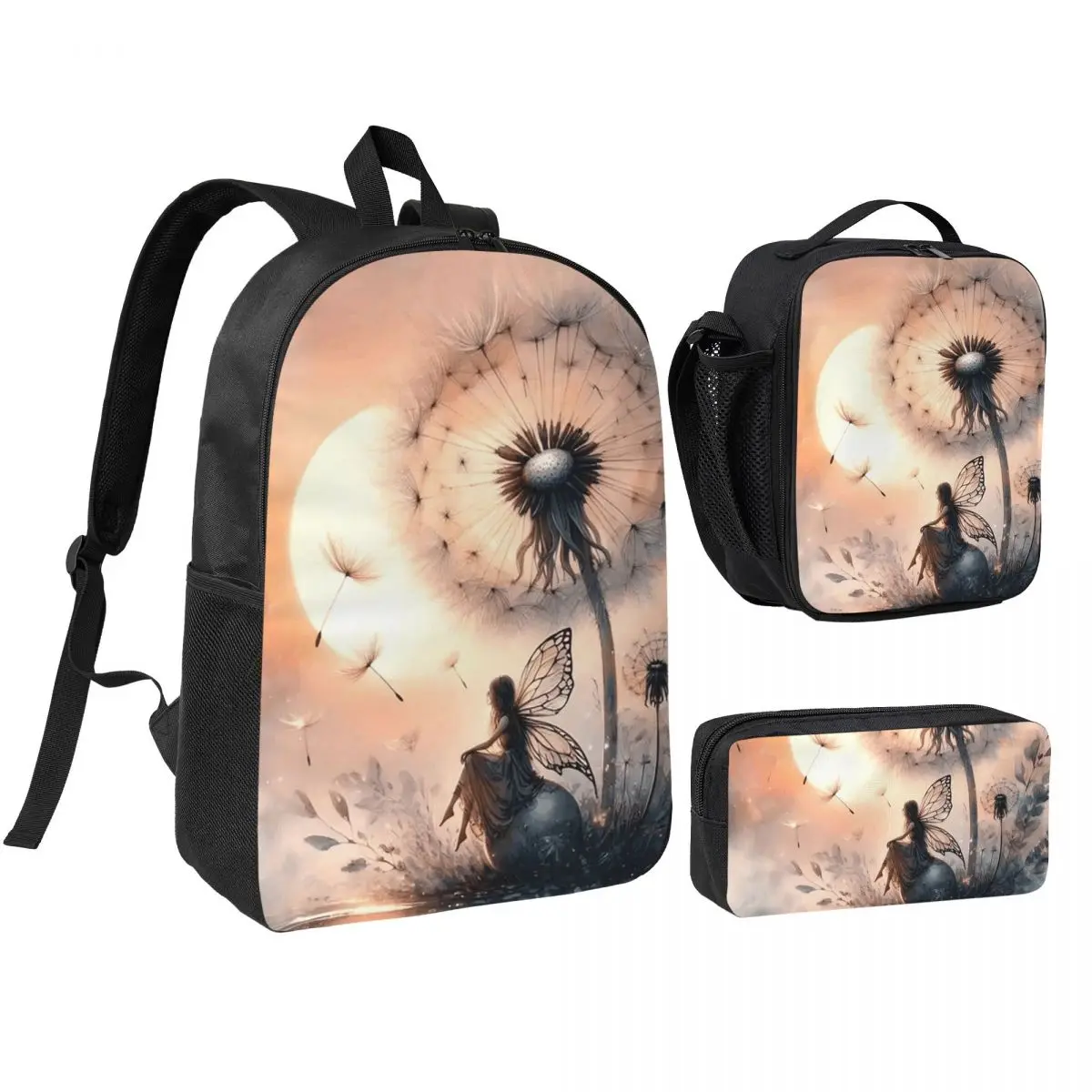 Dandelion Flower Watercolor Elf Girl Backpack Boys Girls BookBag School Bag Shoulder Bags 3ps Insulated Lunch Bag Pencil Case