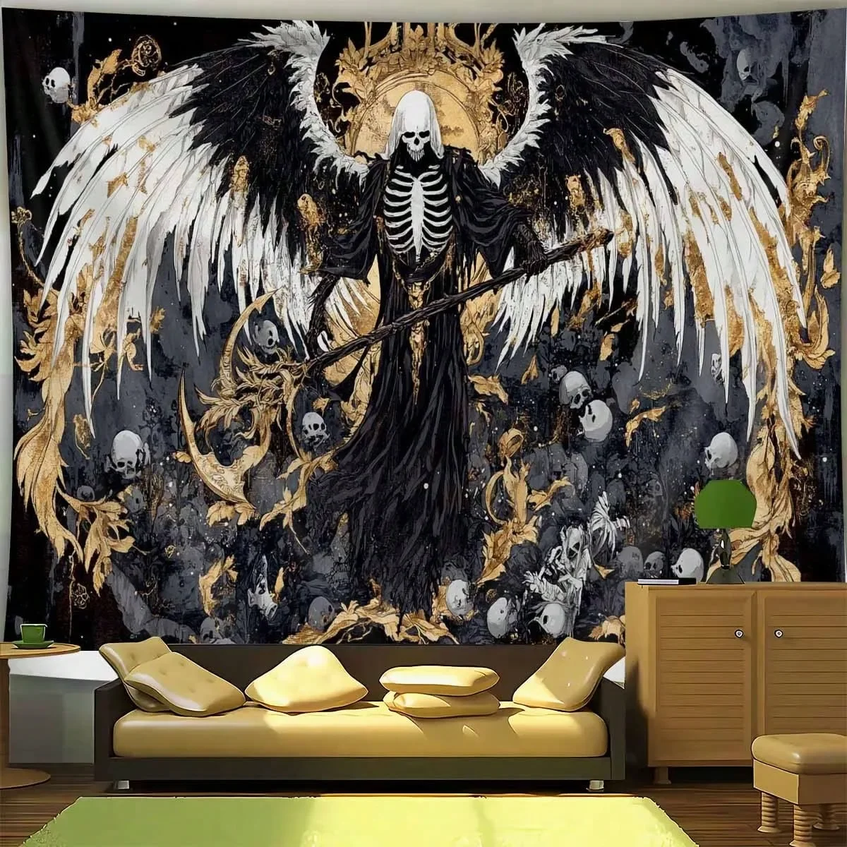 Gothic Sensenmann Kunst Wandteppich Totenkopf Reaper Wanddekoration Halloween Weihnachtsgeschenk Dickes Polyester für Wohnzimmer Party Magnetische Hänge