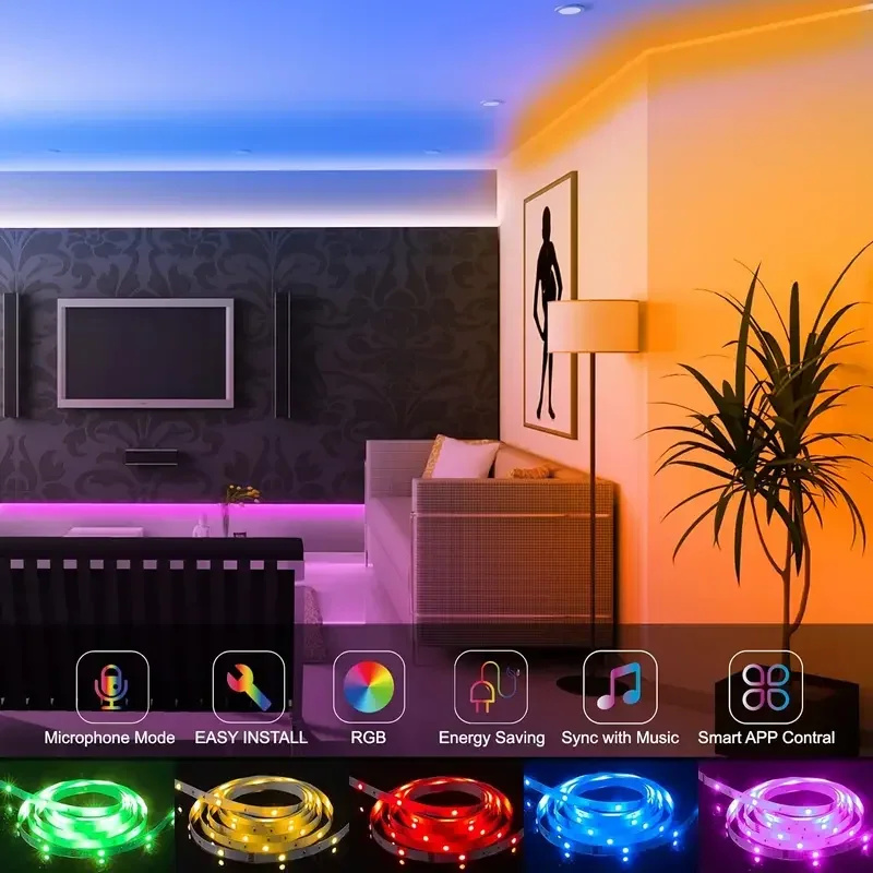 Tira de luces LED RGB 5050 con Bluetooth, Control por aplicación Wifi, sincronización de música para fiesta, PC, TV, barra de luz de fondo, 24 teclas, 44 teclas, USB, 1-20M