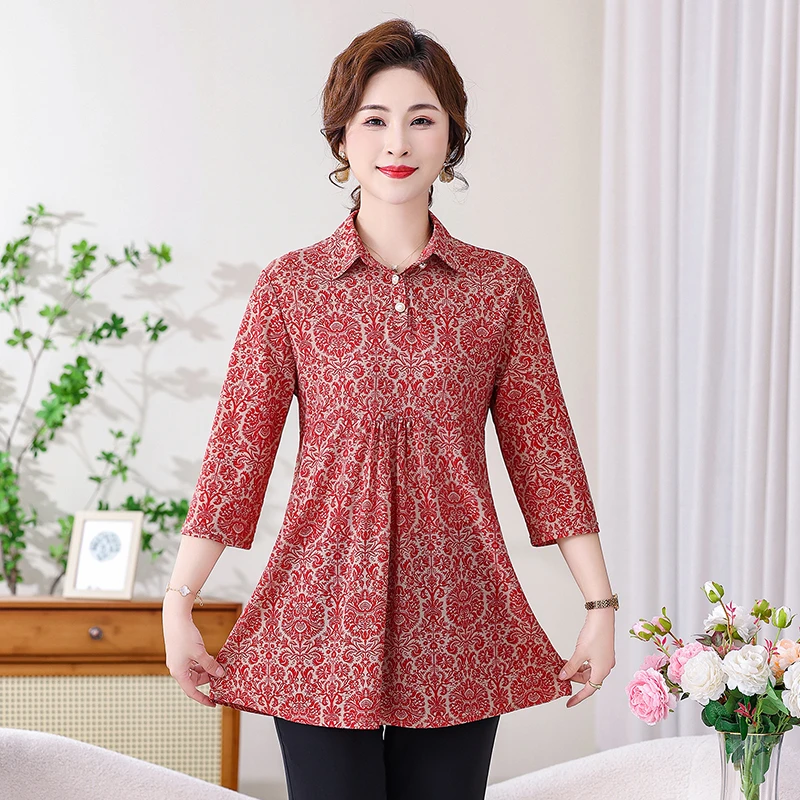 European Printed Plus Size Shirt With Classical Pattern Lapel Blouse 2024 Cardigan Short Sleeved Women\'s Shirt New Casual Top