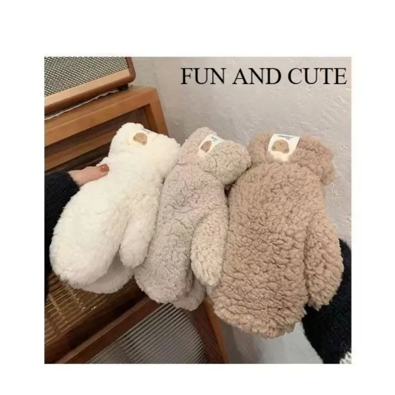 Luvas quentes, pele de cordeiro de inverno, ursinho de pelúcia, luvas rotuladas para meninas, pendurar no pescoço bonito, ciclismo, veludo grosso, à prova de calor e frio
