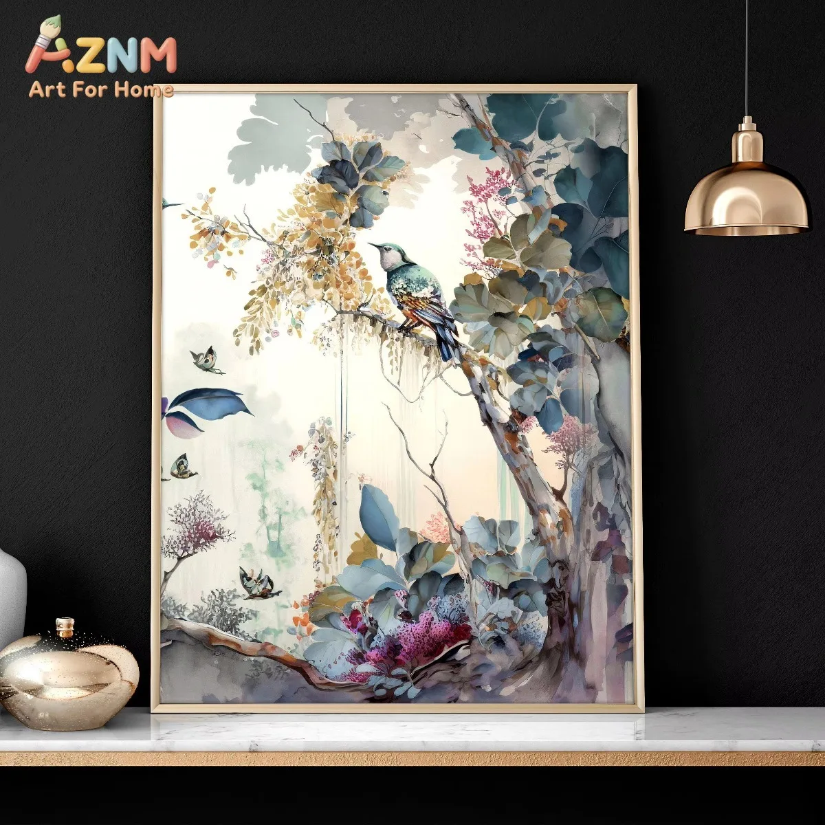 AZNM Chinoiserie Canvas Wall Extra Vintage Asian Wall Art Print Eclectic Botanical Wall Decor Living Room Wall Hanging