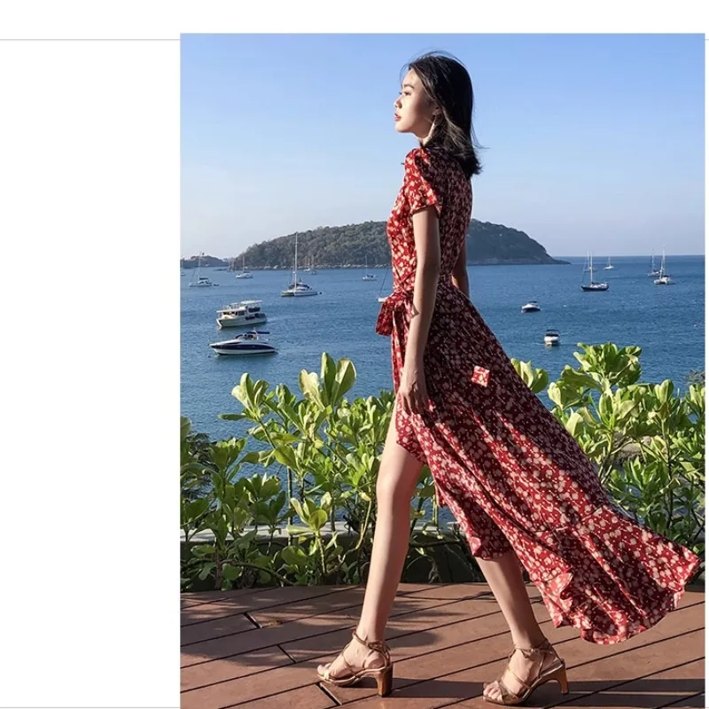 Beachy Floral Print Chiffon One-Piece Dr Women's Summer Vaion Slimming Long Skirt V-Ne High Waist ort Sve Dr