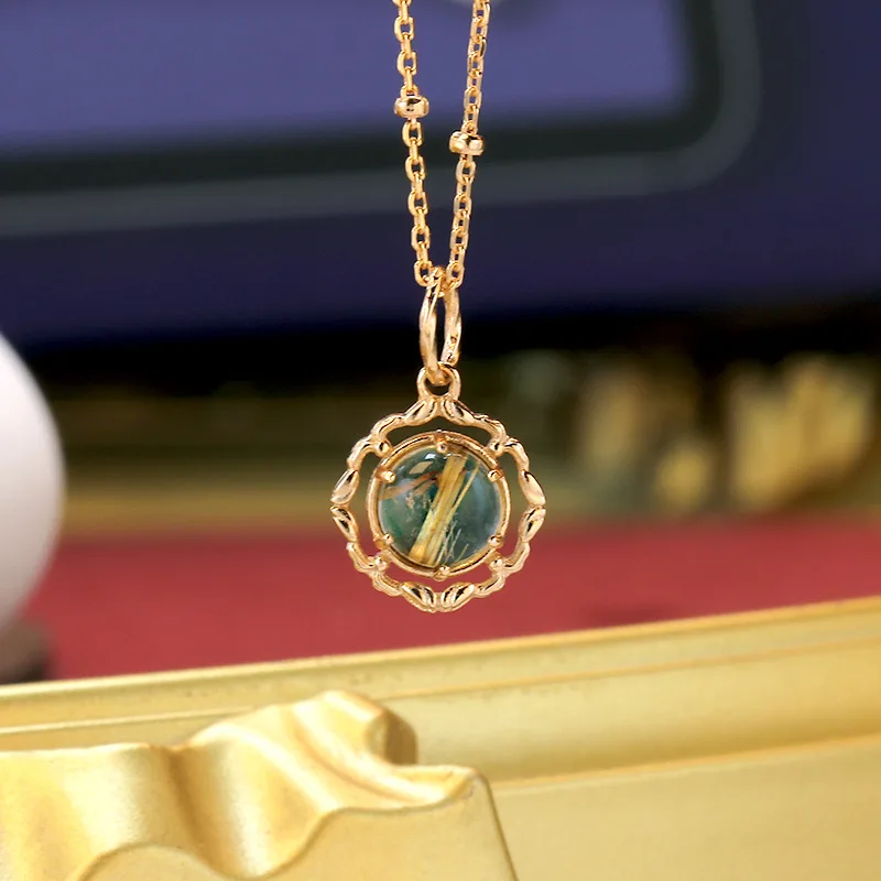 Summer Elegant 925 Silver Gold Plated Clavicle Chain Natural Golden Rutilated Quartz Malachite Double Sided Pendant For Women
