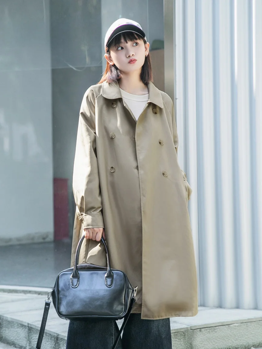 

Свободное двубортное пальто-ветровка женское миди в корейском стиле, весна-осень, новинка, элегантное, укороченное