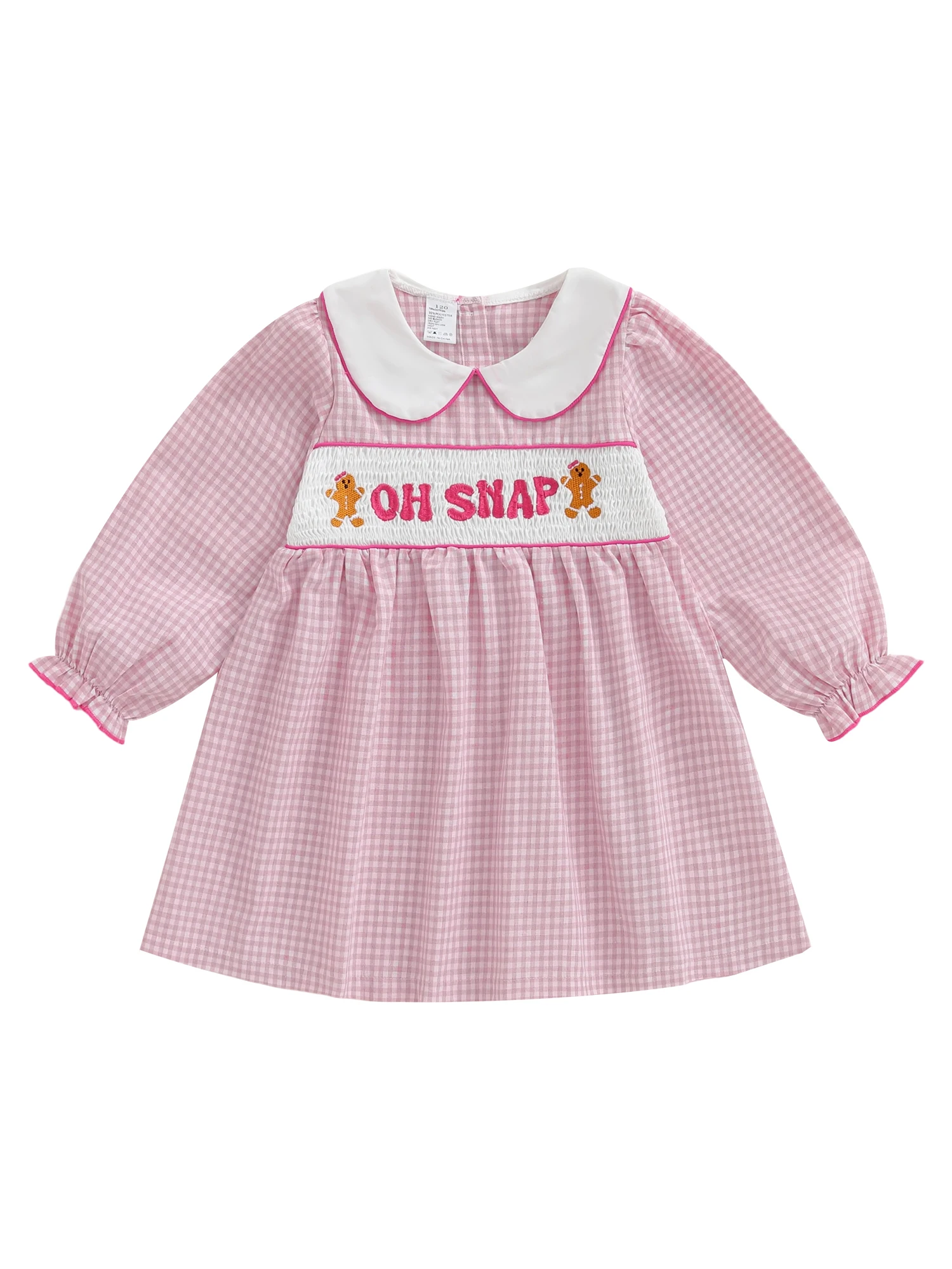 Gaun Kotak-kotak Tartan untuk Bayi Perempuan dengan Bordir Gingerbread yang Meriah dan Kerah Peter Pan untuk Perayaan Natal