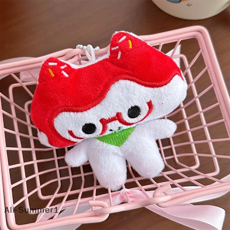 【E】Cute Cartoon Squeak Strawberry Cat Plush Keychain Kawaii Stuffed Doll Pudding Dessert Backpack Pendant Charm Decoration Gifts