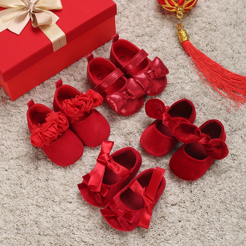 Red Festive Baby Princess Shoes 0-1 Year Old Girl Baby Cloth Sole Walking Shoes With Bow Tie Mary Jane Single Shoes