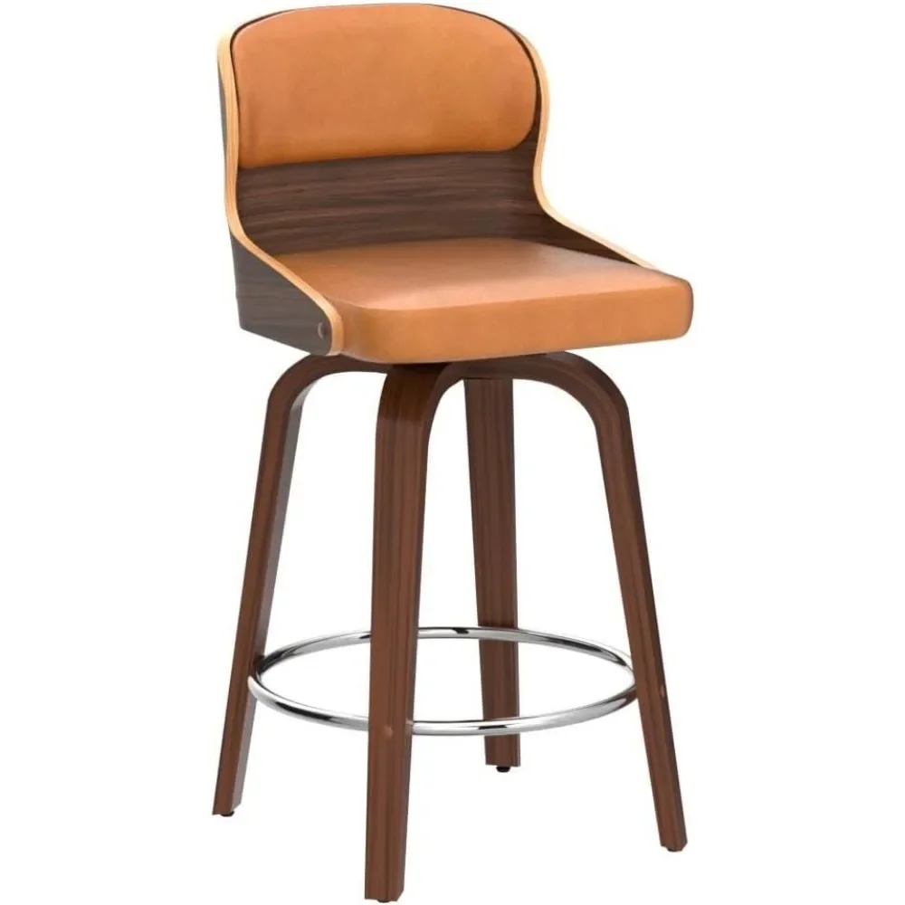 Bar Stools Set of 2, 26 Inch Bar Chairs with Solid Back, Walnut Finish and Faux Leather Seat, Upholstered Barstools