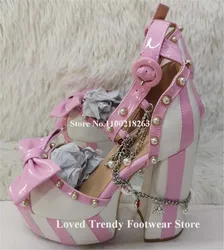 Pink White Stripes Block Heel Sandals Emeline Dubois Charming Peep Toe Bowtie High Platform Pearls Chains Chunky Heel Dress Shoe