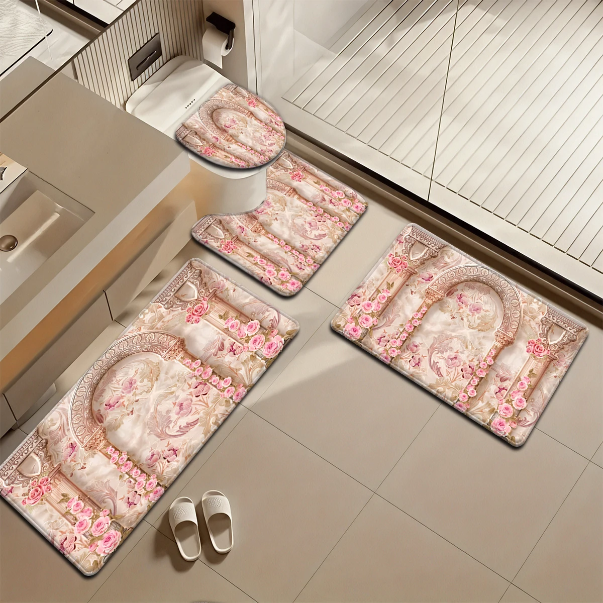 

1 комплект водопоглощающих и нескользящих напольных ковриков для ванной комнаты, домашние декоративные узоры с принтом, удобные и мягкие, четырех частей