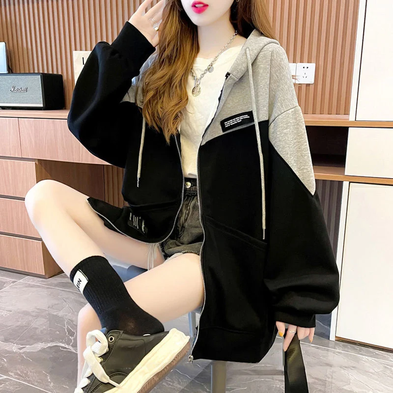 Korean Fleece Contrast Color Oversize Female Hooded Sweatshirts Women Harajuku Streetwear Casual Long Sleeve Zipper Hoodie Coats