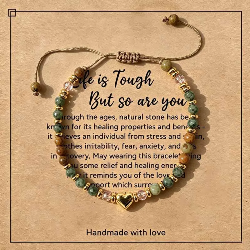 Natural Picture Stone Bracelet African Pine Heart Pendant Powder Crystal Gold Bead Spacer Bracelet Picture Stone Love Bracelet