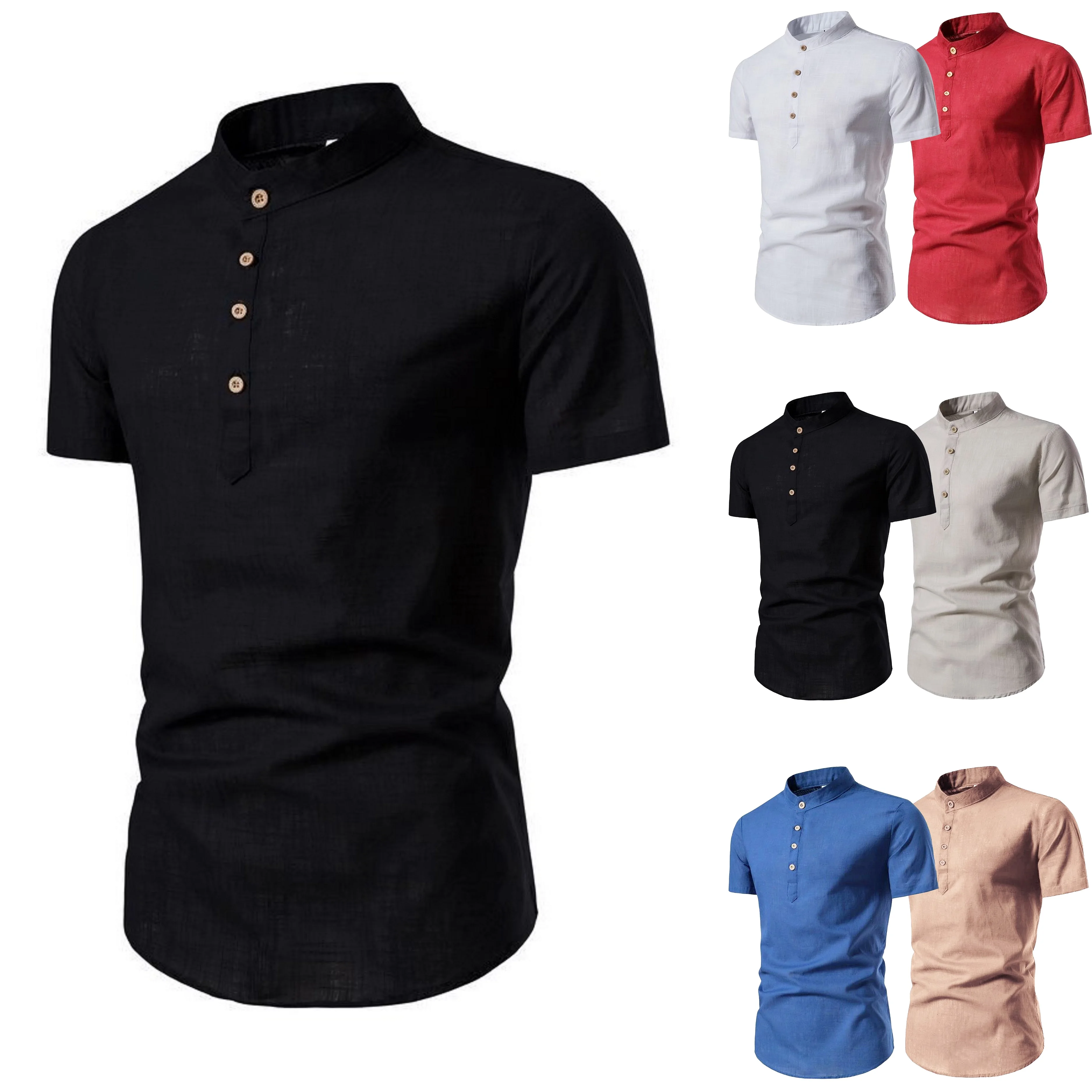 New short-sleeved stand-up collar shirt pure cotton fashionable summer men's solid color casual comfortable personality cool
