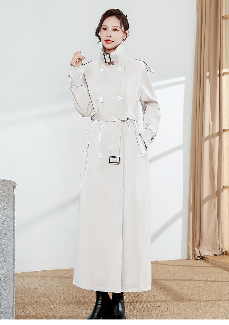 Lautaro Spring Autumn Extra Long Oversized Cool Reflective Shiny Black Patent Leather Trench Coat for Women Belt Runway Fashion