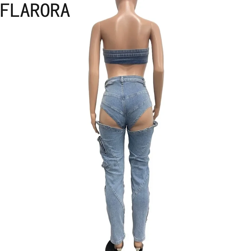 FLARORA Fashion Denim Zipper Hollow Women\'s Two Pieces Set Woman Strapless Bra Crop Top And Jeans Pants Outfits Y2k Streetwear