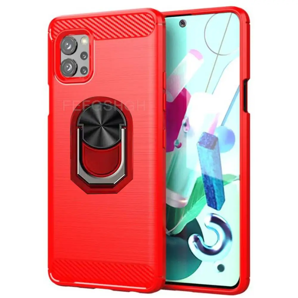 For LG Q92 5G Brushed Carbon Fiber Soft Silicone Phone Case For LG Q92 5G Magnetic Ring Stand Cover Fundas Capa