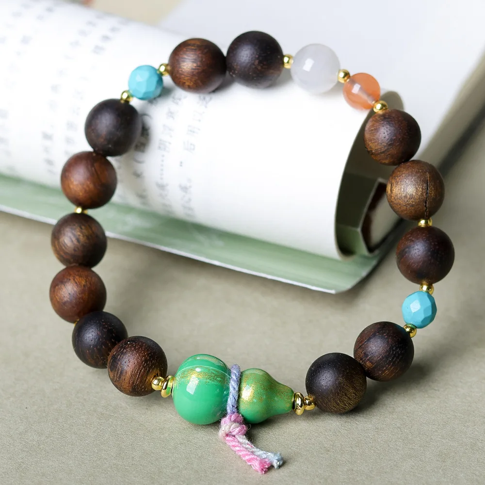 2026 on the new yellow heather incense wood bracelet original literature and games large lacquer gourd Chinese string