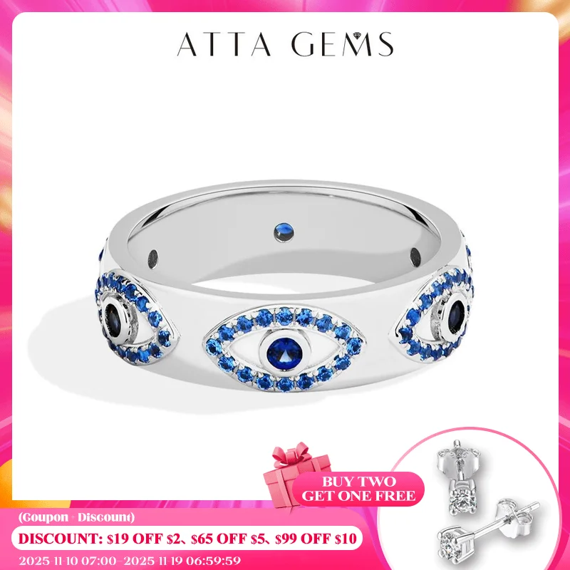 

ATTAGEMS Synthetic Blue Corundum Rings s925 Sterling Silver Evil Eye Gold Plated Ring For Women Men Holiday Party Jewelry Gifts