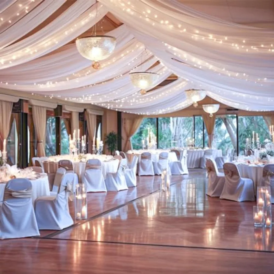 

Wedding ceiling drapes: 6-panel sheer white tulle, 5ftx10ft, with integrated lights for photo backgrounds, stage swag, and part