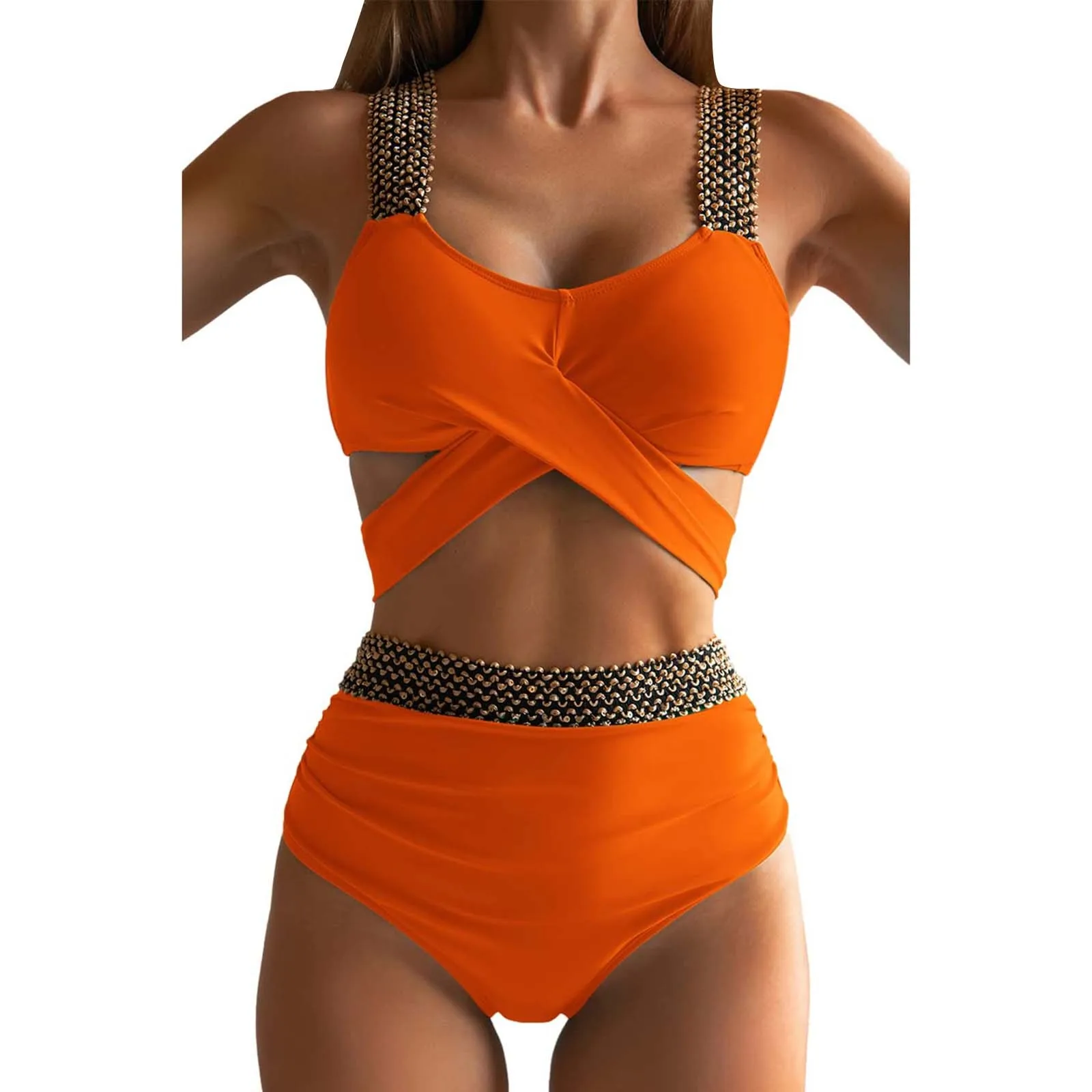 Low Bust Trim High Waist High Cut Golden Seam Crochet Wide Band Trim Two Bikini Sets Swimsuit Fat Woman Bikini