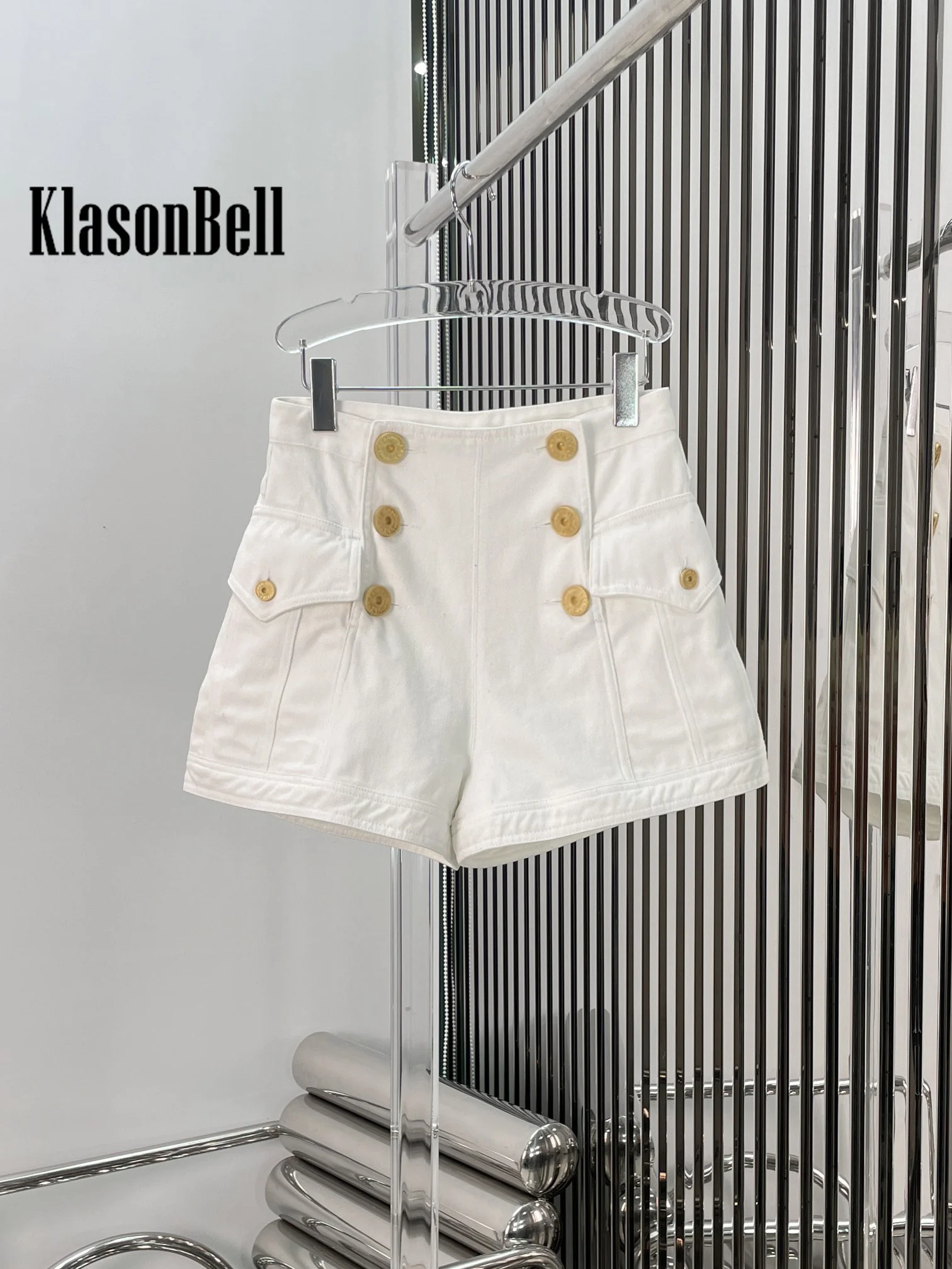 7.7 KlasonBell Women's Fashion Versatile Gold Button High Waist White Denim Shorts Double Breasted Side Pocket Hot Girl Shorts