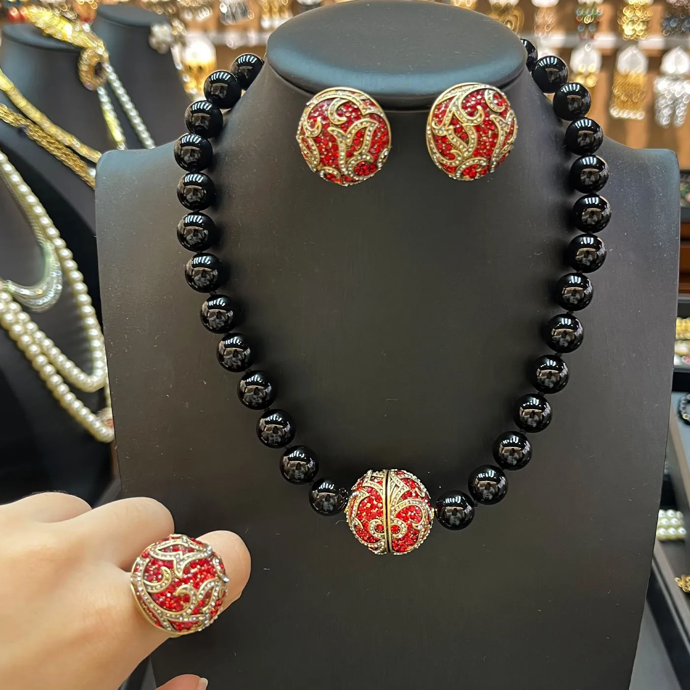 

Women Ruby Round Vintage 12MM Glass Bead 140CM Sweater Chain Necklace and Earring Set